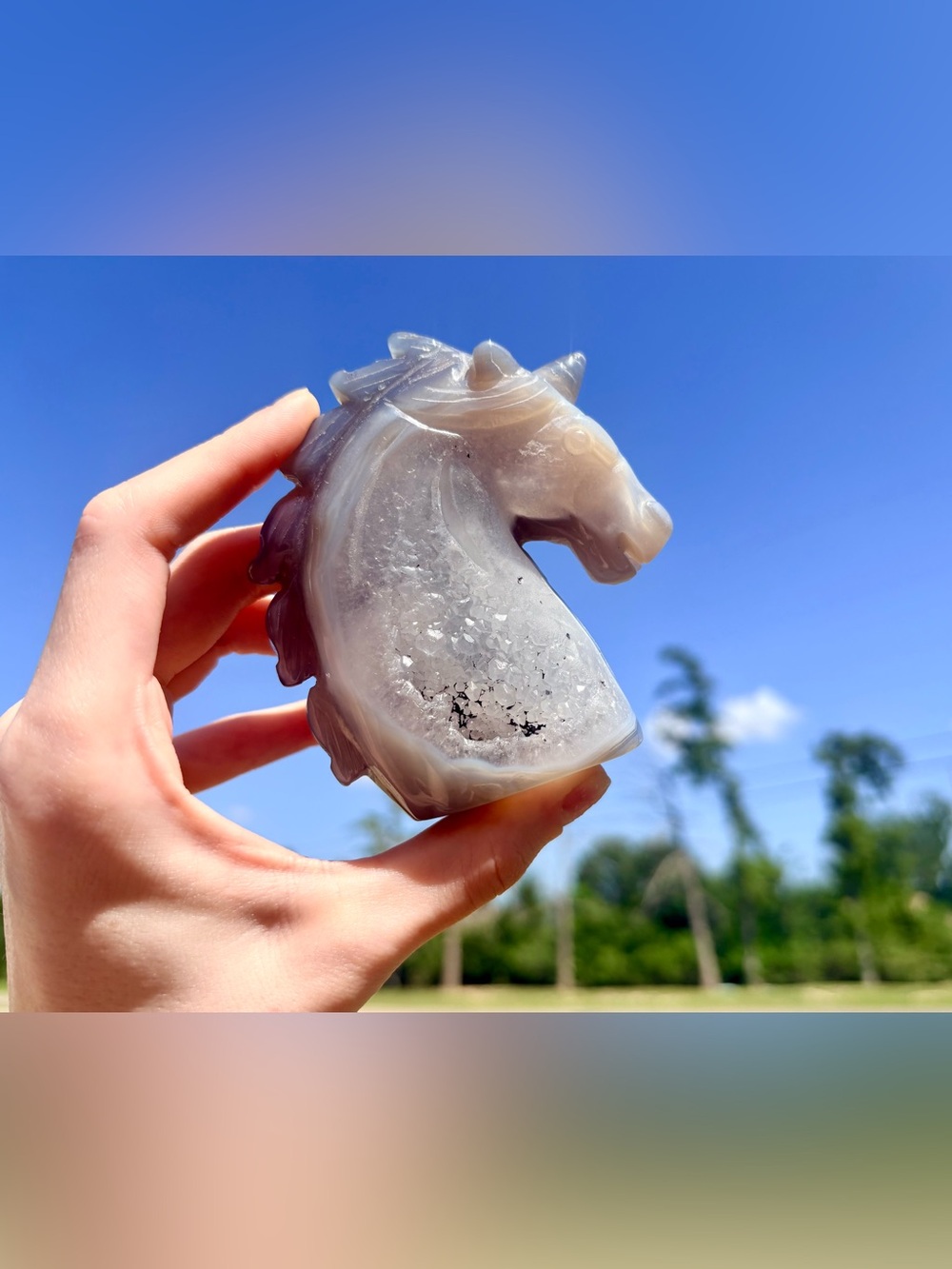 Hand-Carved Agate Geode Horse Head - Gray and White
